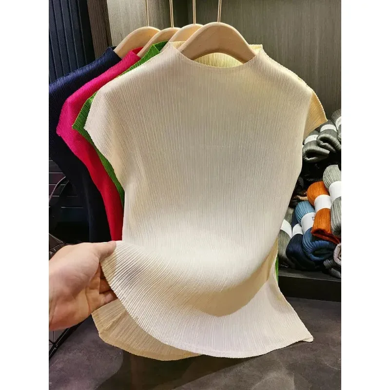 Versatile Classic Simple Solid Color Stand Up Collar Pleated Top Women Slim Slim Short Sleeve Miyake T-shirt Summer