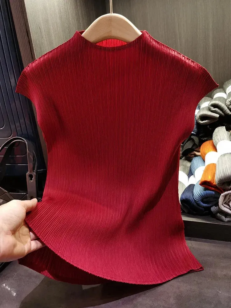 Versatile Classic Simple Solid Color Stand Up Collar Pleated Top Women Slim Slim Short Sleeve Miyake T-shirt Summer