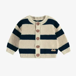 Veste de maille côtelée manches longues à rayure crème et marine, naissance || Long sleeves cream and navy striped ribbed knit vest, newborn