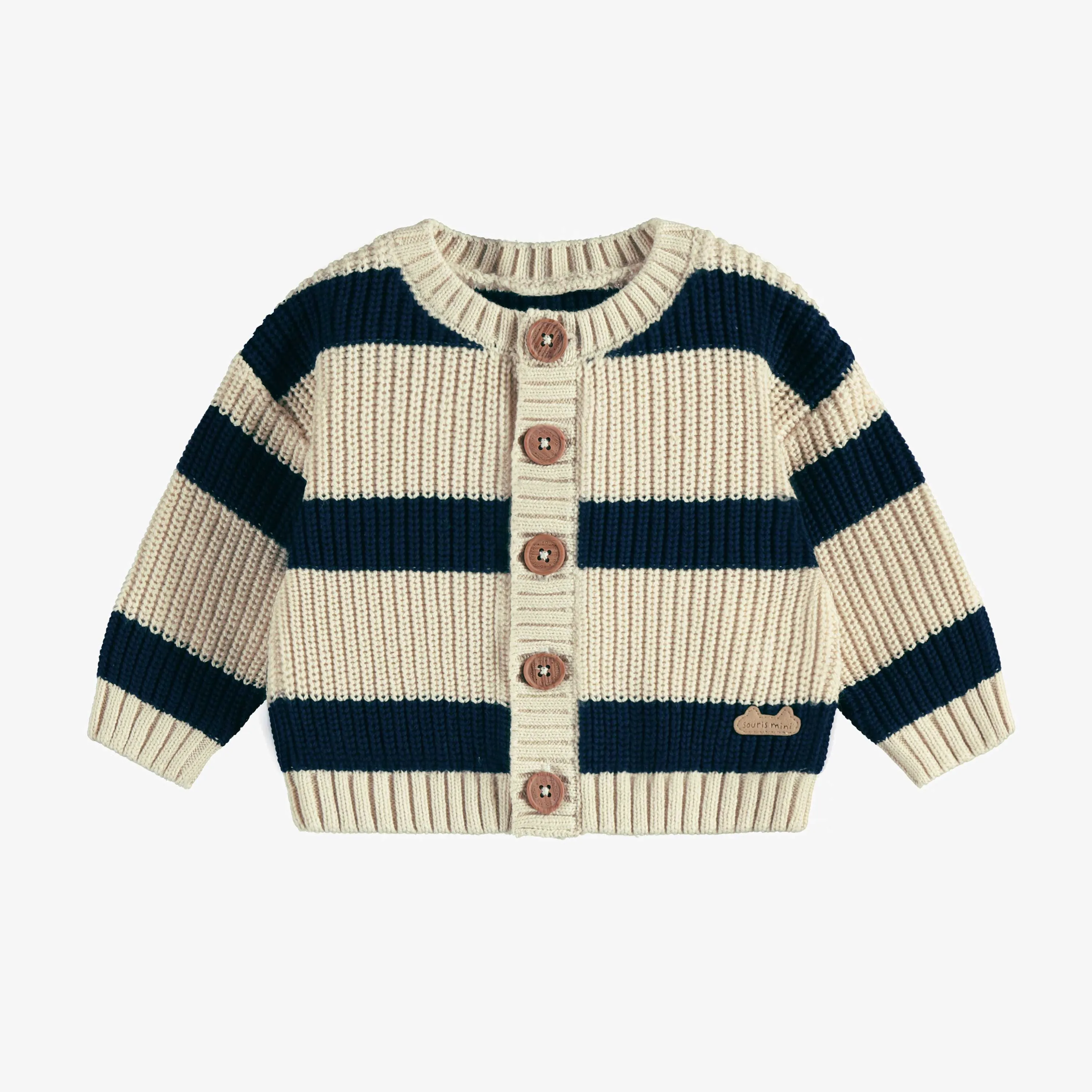 Veste de maille côtelée manches longues à rayure crème et marine, naissance || Long sleeves cream and navy striped ribbed knit vest, newborn