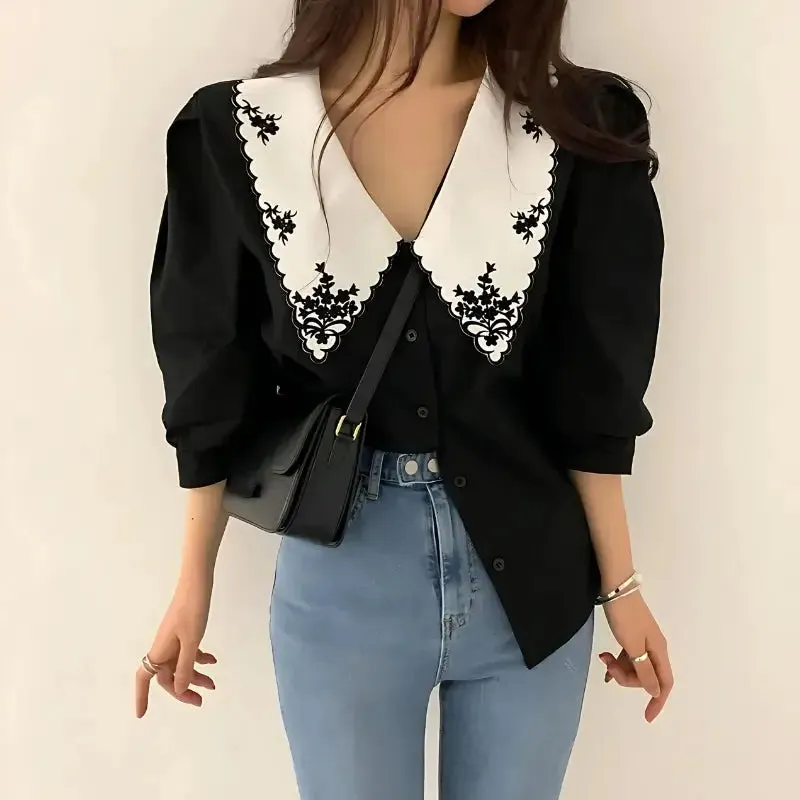 Vintage-Inspired Shirt with Embroidered Collar for Y2K Style