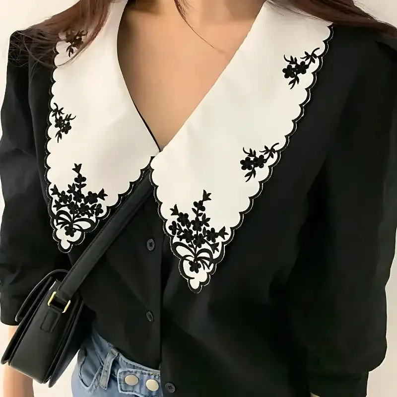 Vintage-Inspired Shirt with Embroidered Collar for Y2K Style