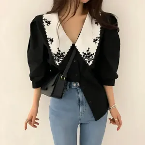 Vintage-Inspired Shirt with Embroidered Collar for Y2K Style