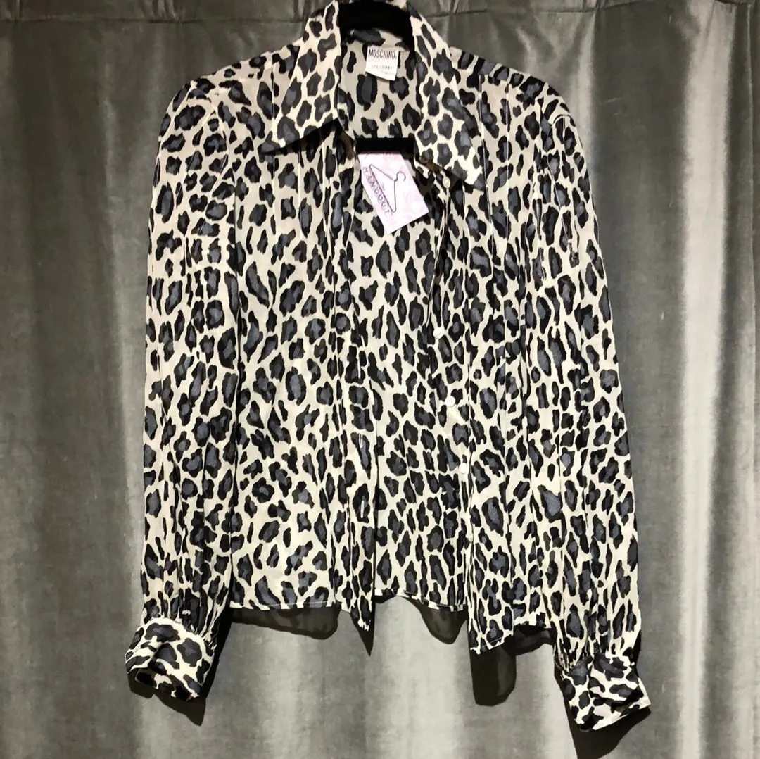 Vintage MOSCHINO Couture Collared SHeer Leopard Grey Button Down Blouse