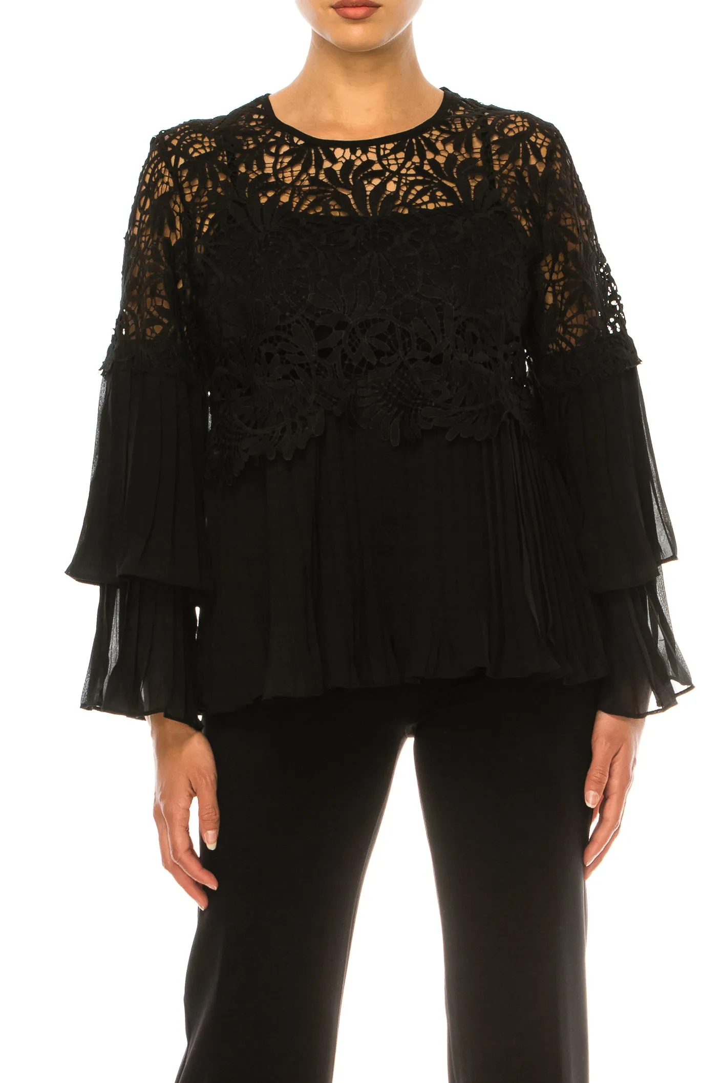 Vivid Pleated Layered Long Sleeve Lace Top
