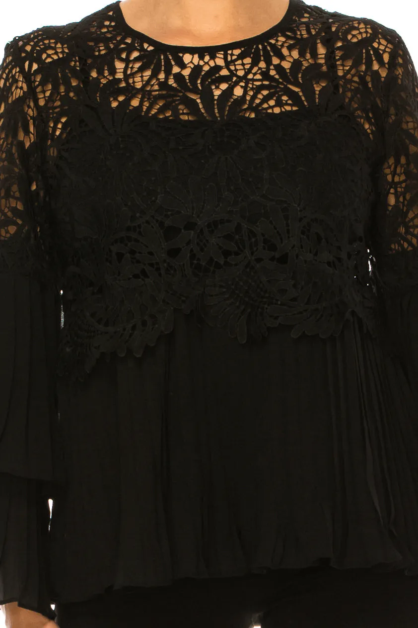 Vivid Pleated Layered Long Sleeve Lace Top