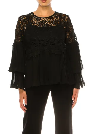 Vivid Pleated Layered Long Sleeve Lace Top