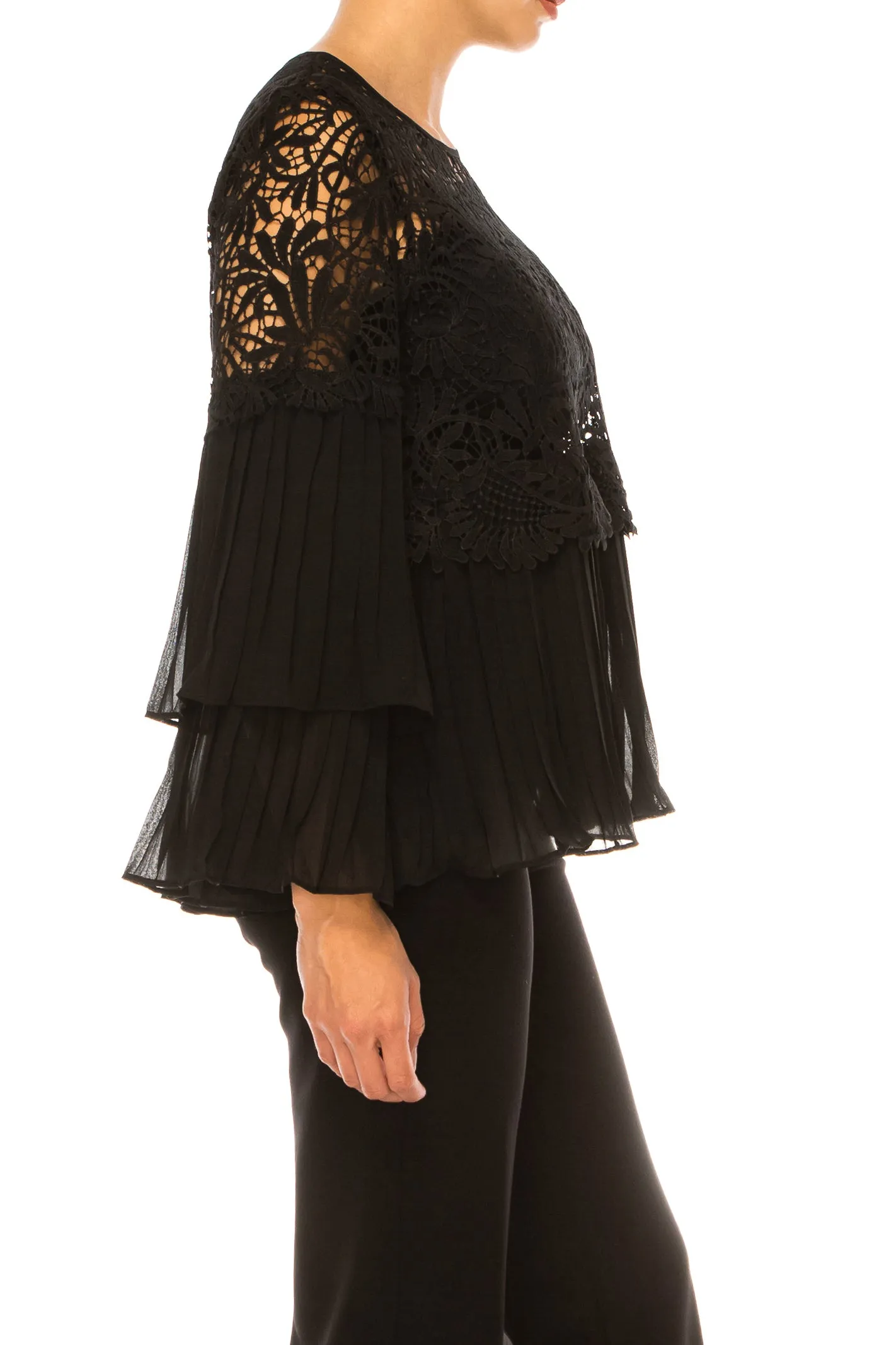Vivid Pleated Layered Long Sleeve Lace Top