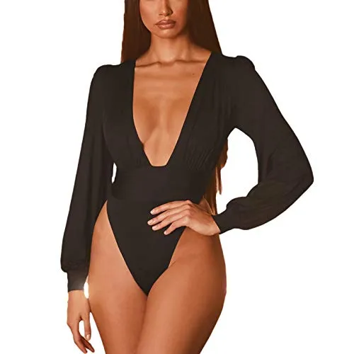 Weigou V Neck Pleated Loose Bodysuit