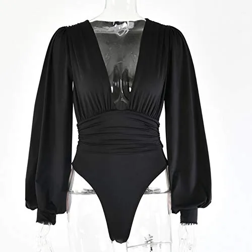 Weigou V Neck Pleated Loose Bodysuit