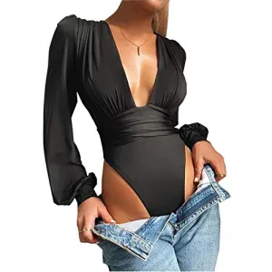 Weigou V Neck Pleated Loose Bodysuit