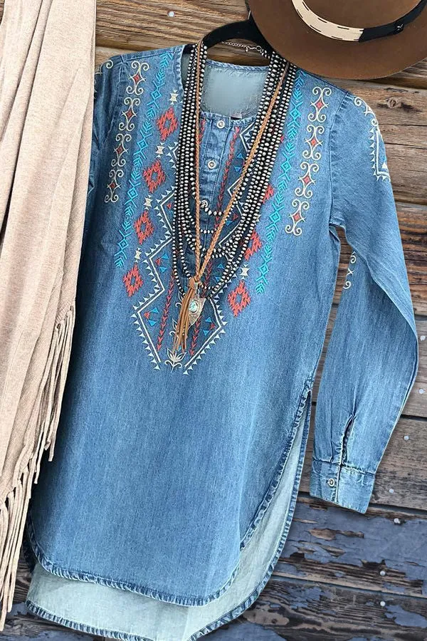 Western Embroidered Long Denim Top