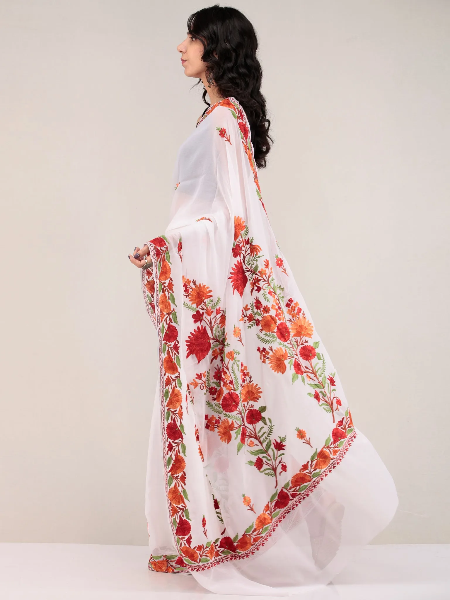 White Aari Embroidered Georgette Saree From Kashmir - S031704663