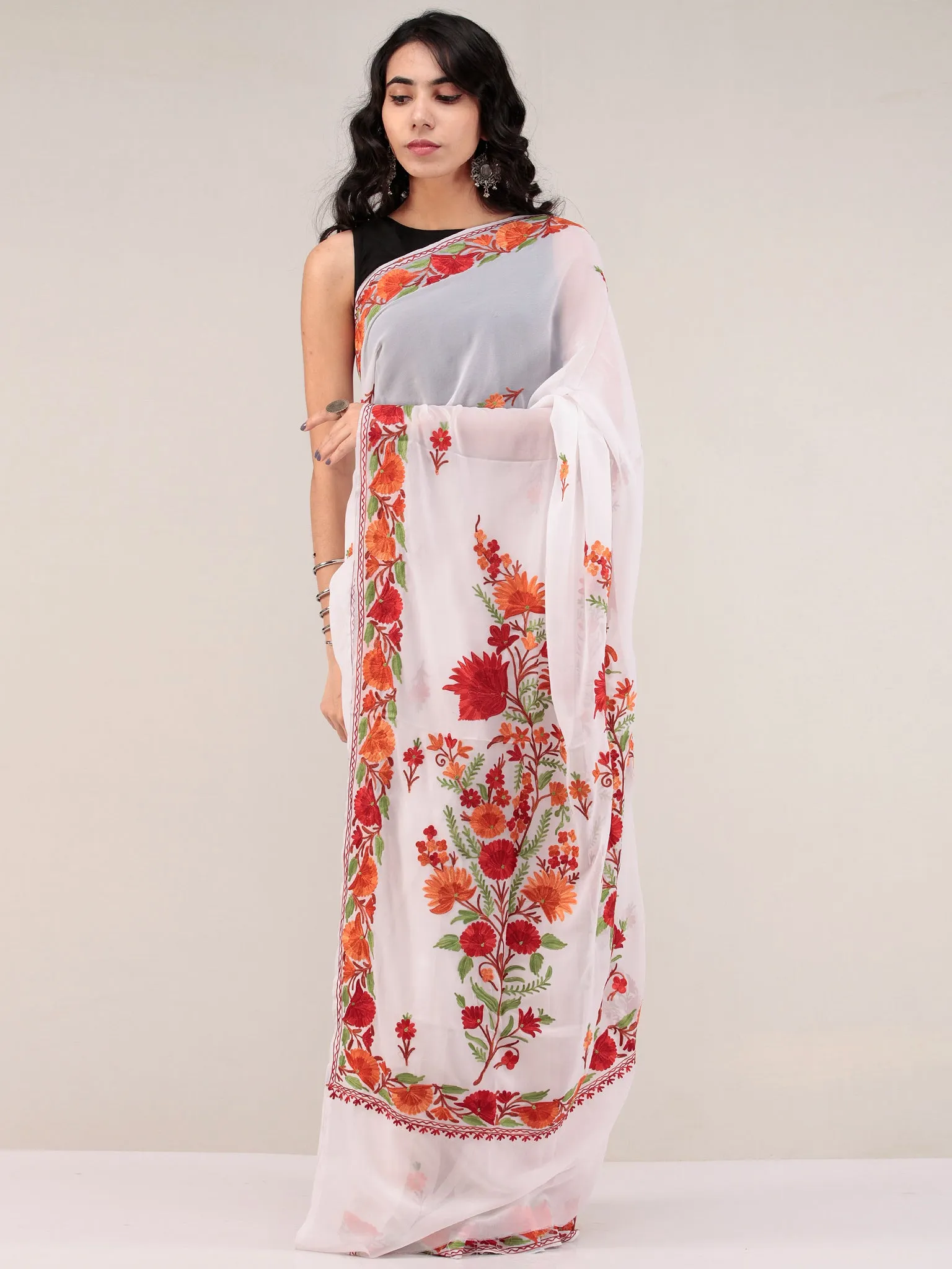 White Aari Embroidered Georgette Saree From Kashmir - S031704663