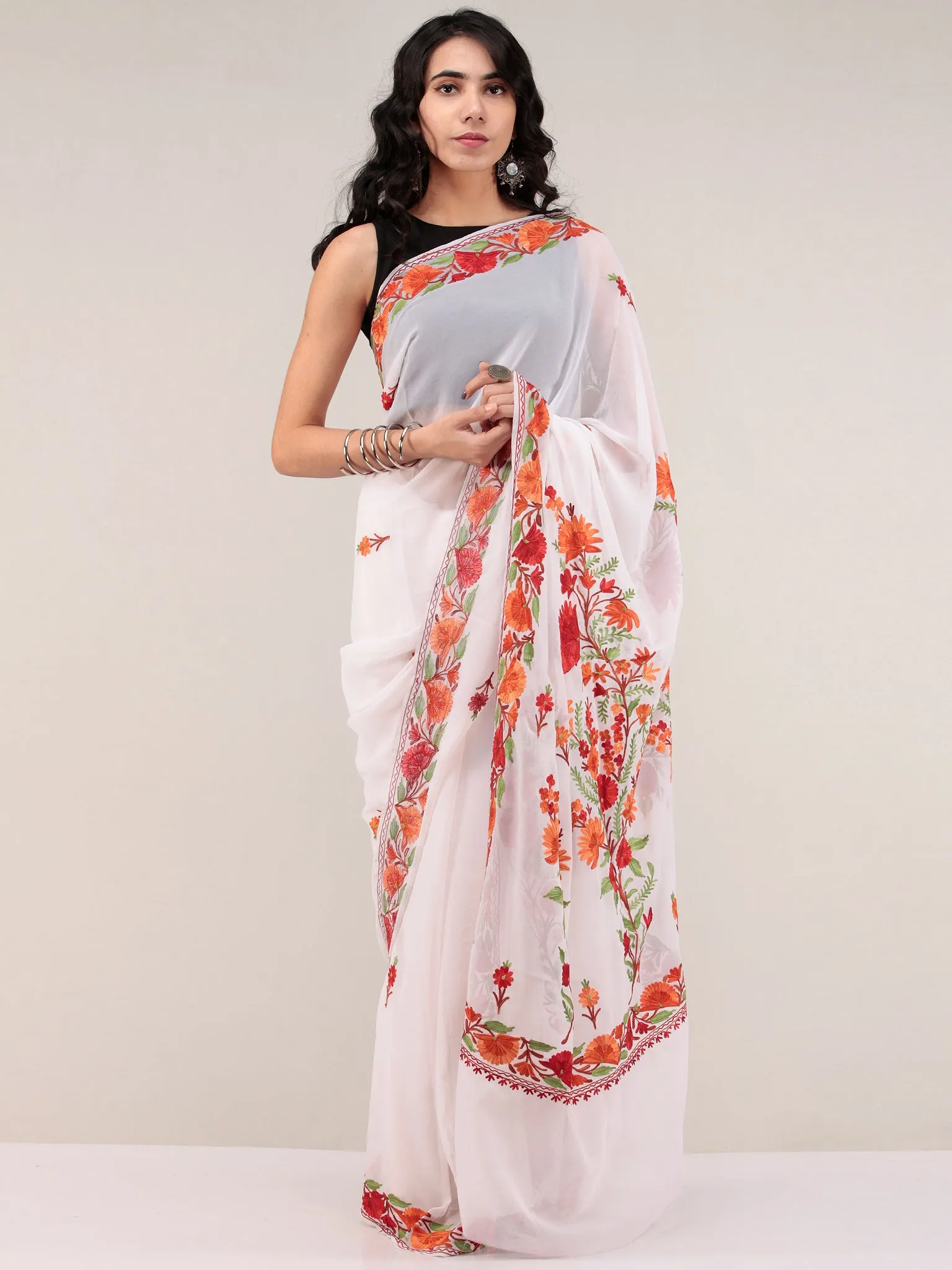 White Aari Embroidered Georgette Saree From Kashmir - S031704663