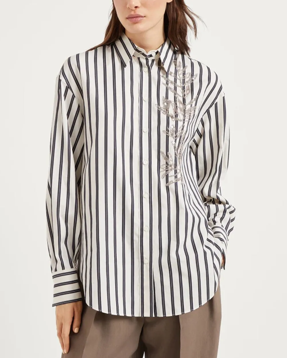 White and Black Stripe Herbarium Embroidered Shirt