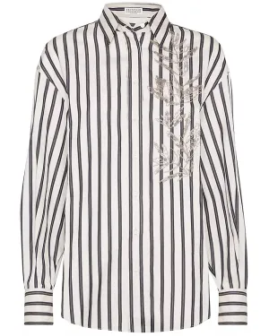 White and Black Stripe Herbarium Embroidered Shirt