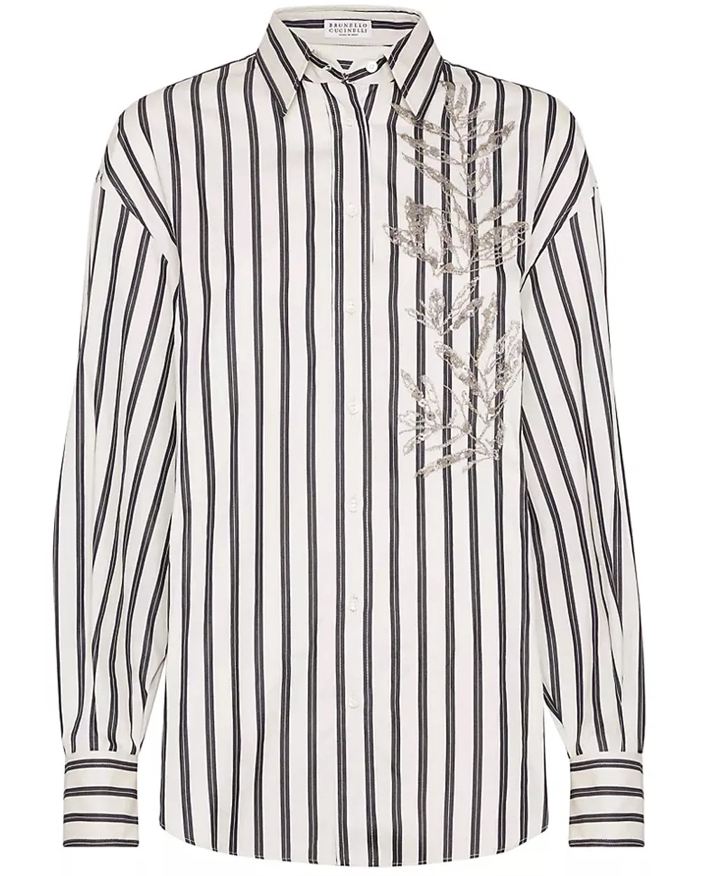 White and Black Stripe Herbarium Embroidered Shirt