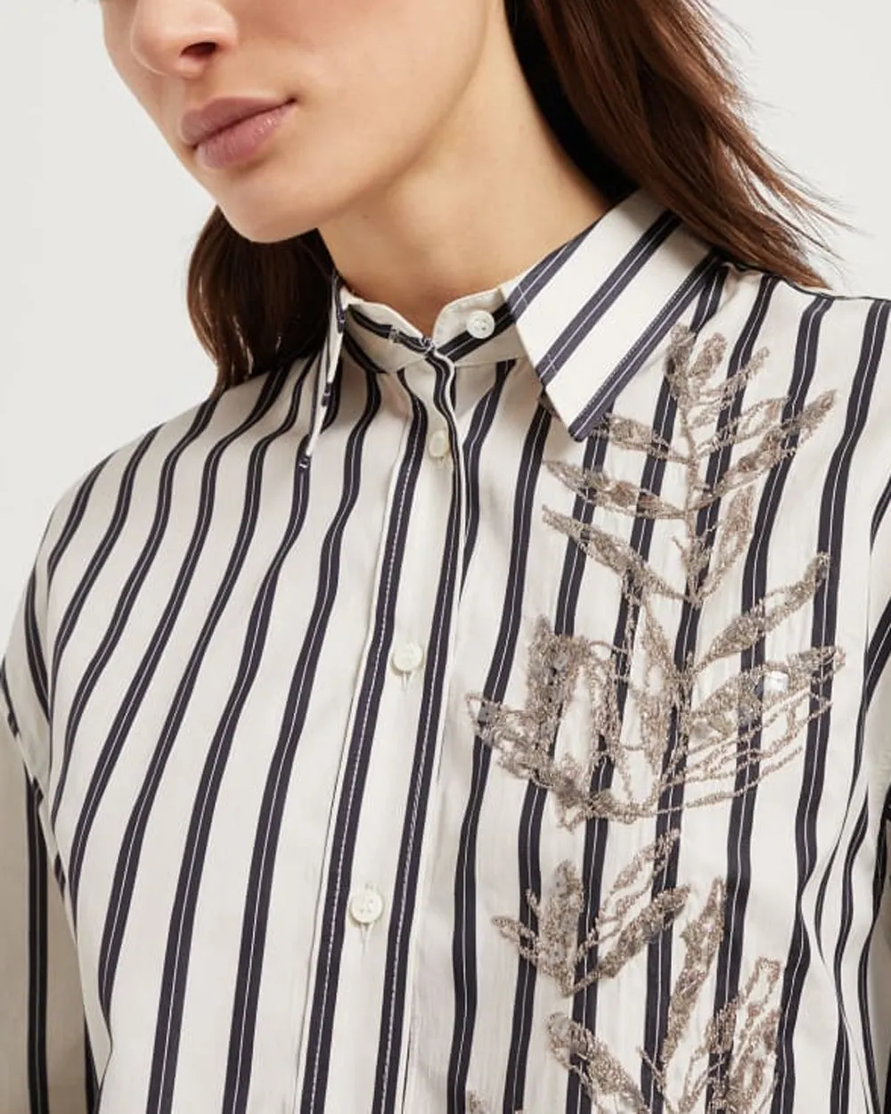 White and Black Stripe Herbarium Embroidered Shirt