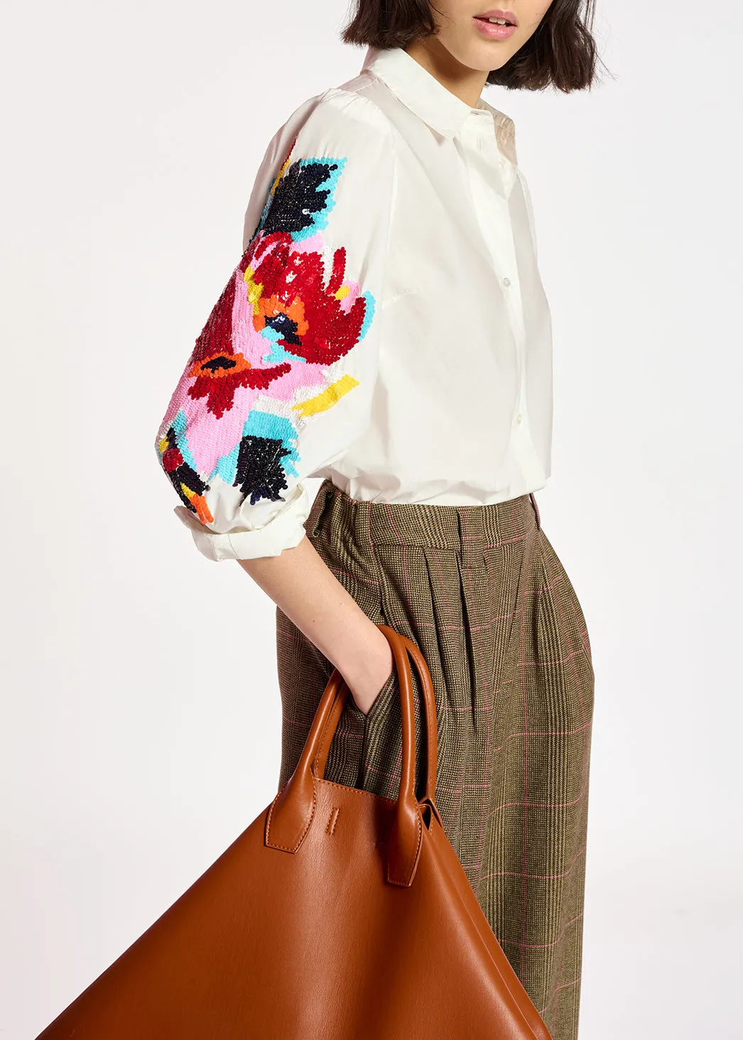 White cotton embroidered puffed-sleeve shirt