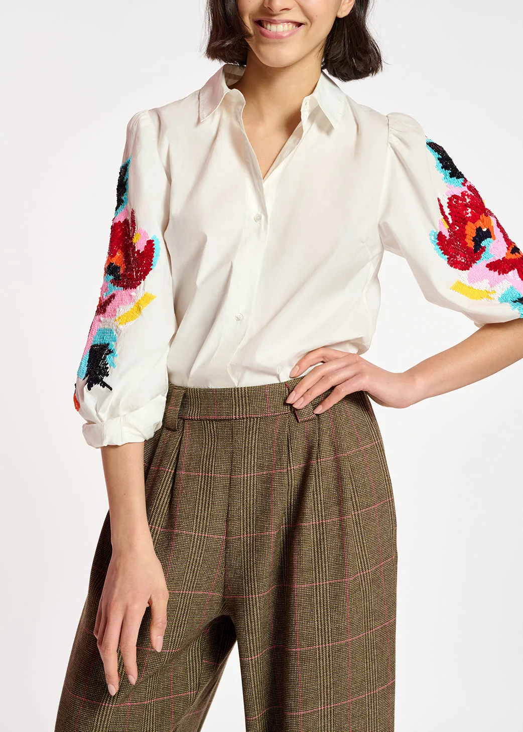 White cotton embroidered puffed-sleeve shirt