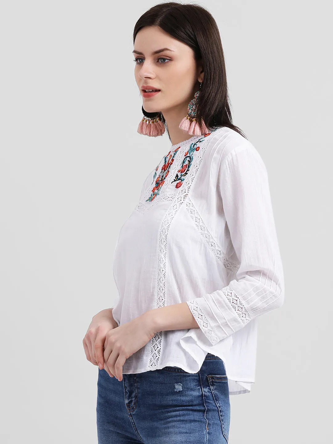 White Embroidered Regular Top