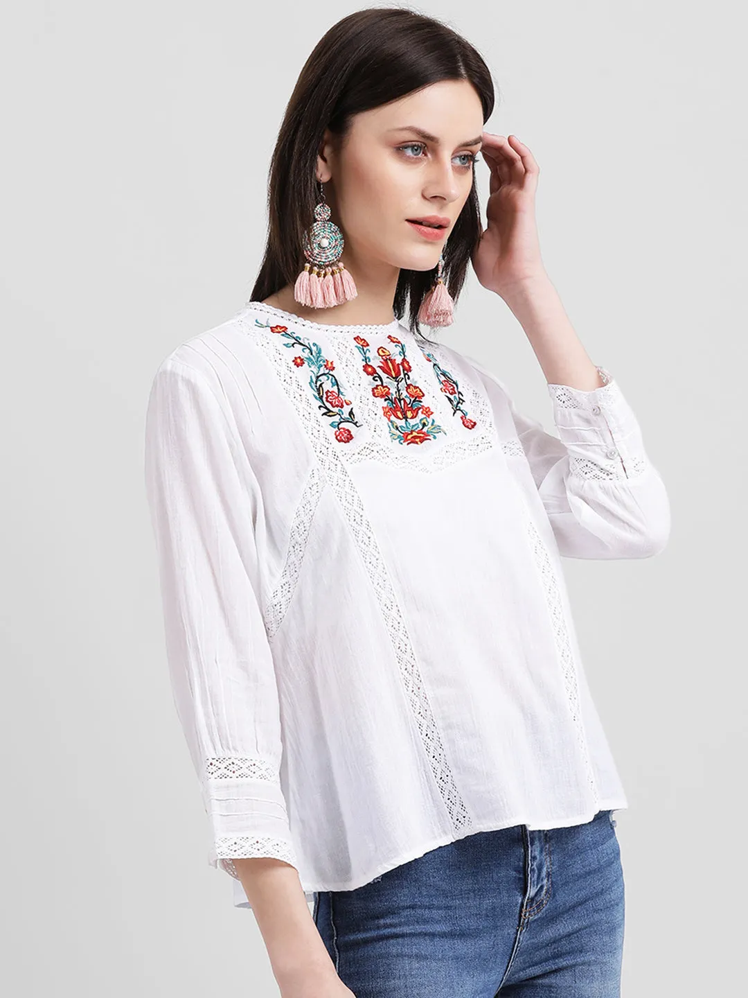 White Embroidered Regular Top