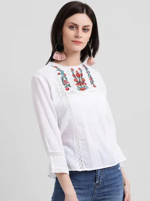 White Embroidered Regular Top
