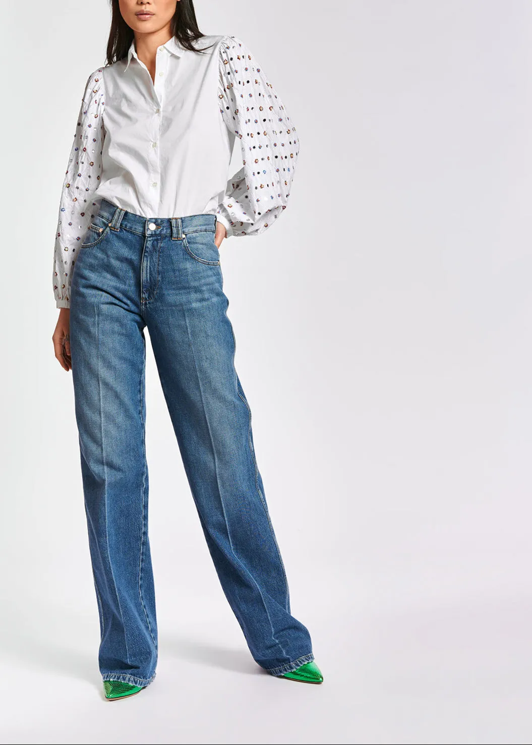 White mirror-embroidered puffed-sleeve shirt