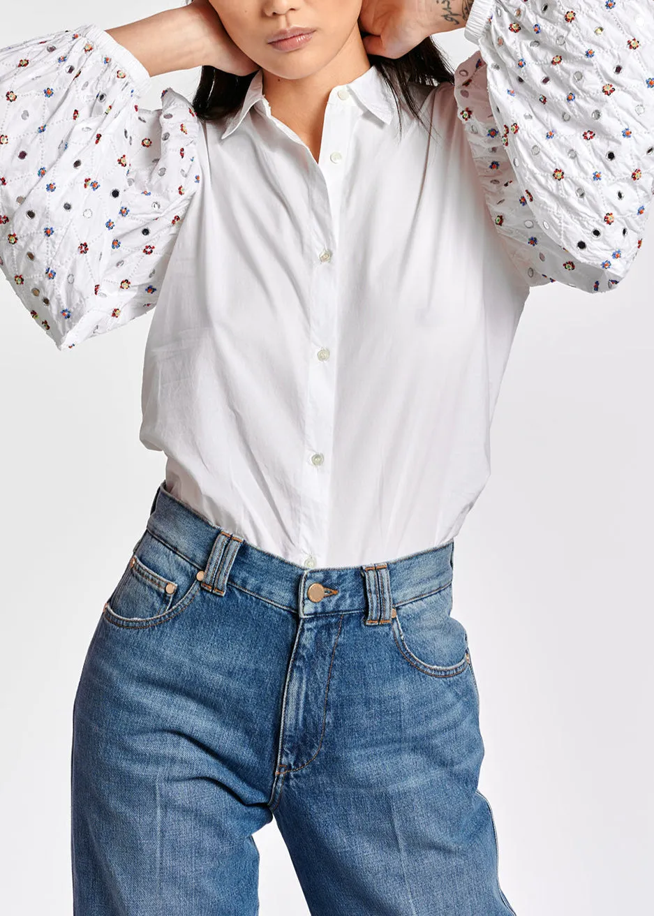 White mirror-embroidered puffed-sleeve shirt