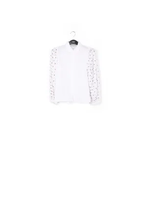 White mirror-embroidered puffed-sleeve shirt