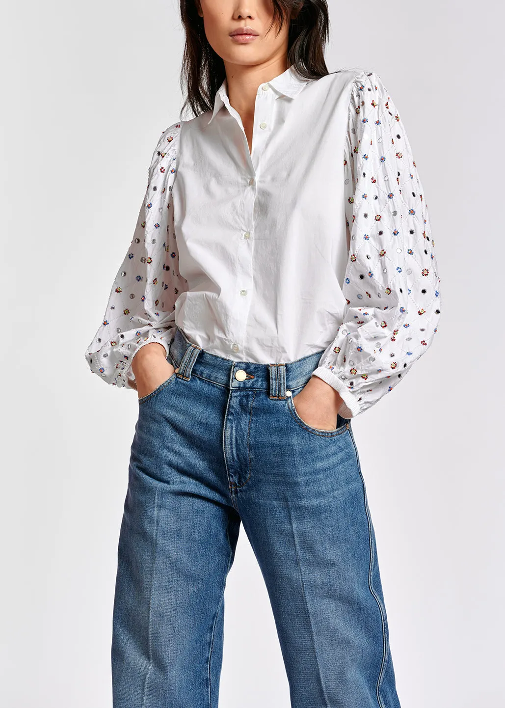 White mirror-embroidered puffed-sleeve shirt