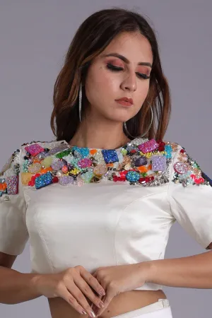White Satin Embellished Top