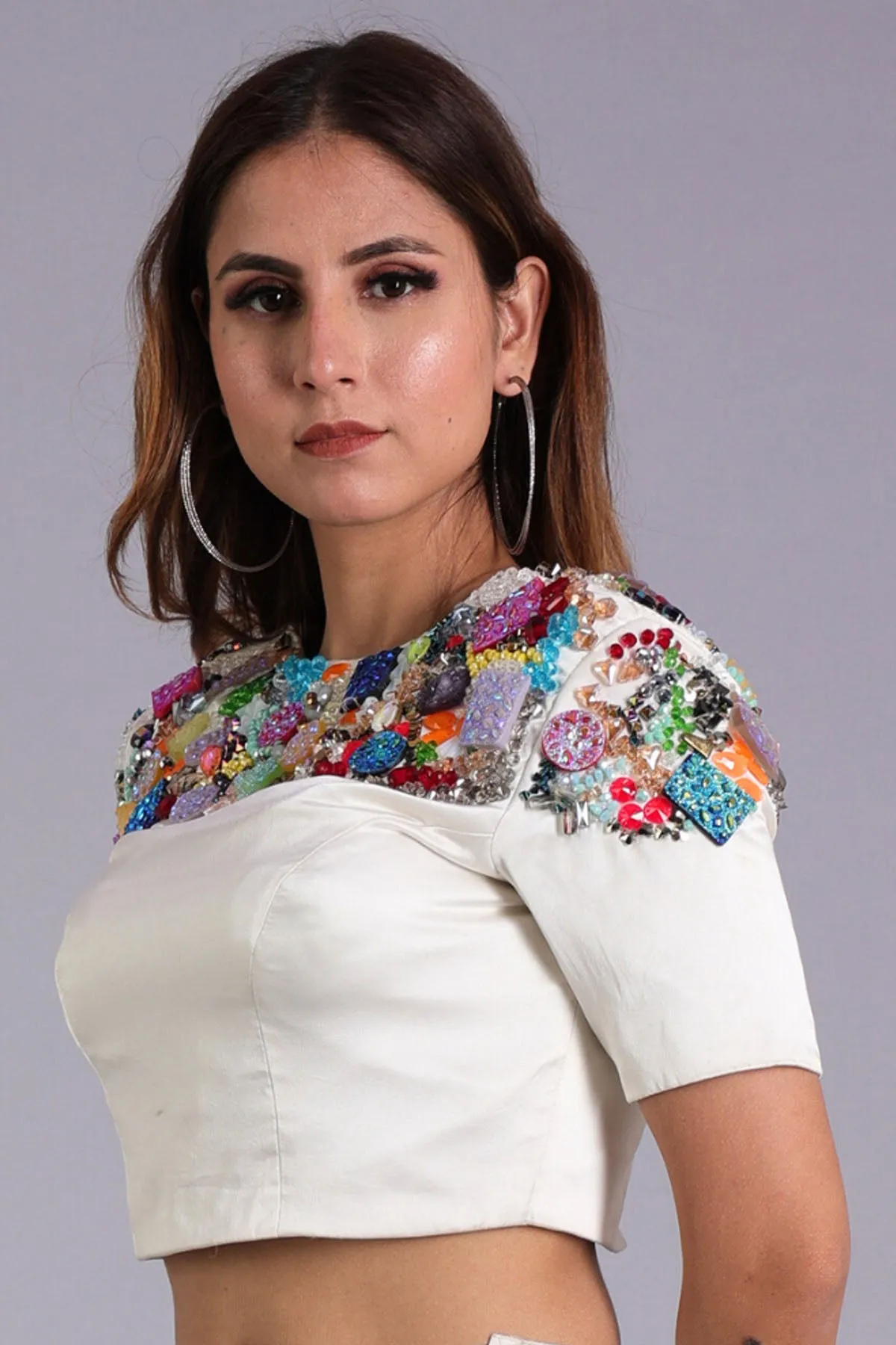 White Satin Embellished Top