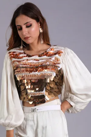 White Satin Gold Sequence Top