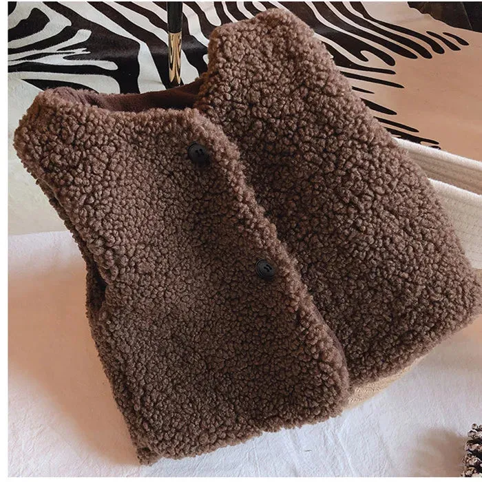Winter Baby Girls Vests Beige Brown Sleeveless Fur Coats Single Breasted Waistcoats Kids Outwears