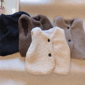 Winter Baby Girls Vests Beige Brown Sleeveless Fur Coats Single Breasted Waistcoats Kids Outwears