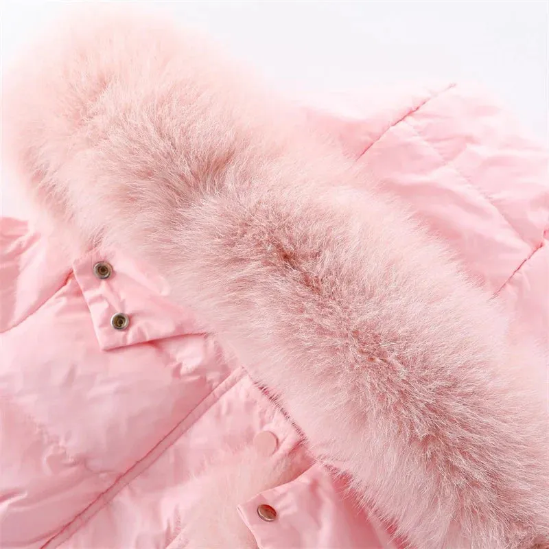 Winter Girls Sweet Long Down Jackets Hooded Big Fur Collar Kids Parkas Children Clothes Girls Windproof Thicken Warm Coats