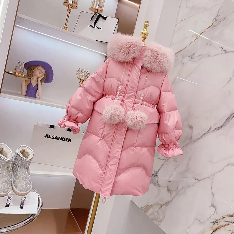 Winter Girls Sweet Long Down Jackets Hooded Big Fur Collar Kids Parkas Children Clothes Girls Windproof Thicken Warm Coats
