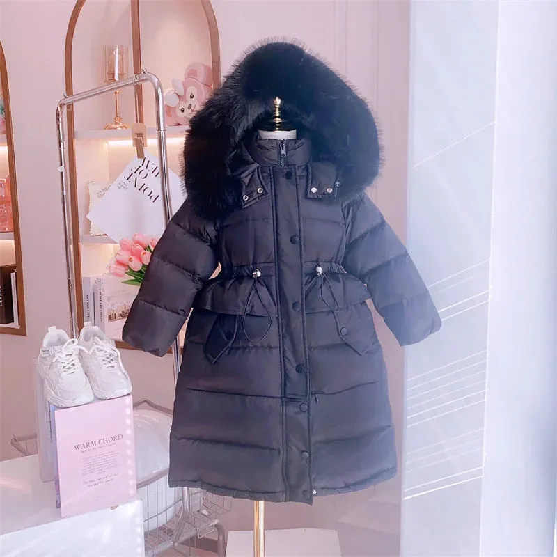 Winter Girls Sweet Long Down Jackets Hooded Big Fur Collar Kids Parkas Children Clothes Girls Windproof Thicken Warm Coats