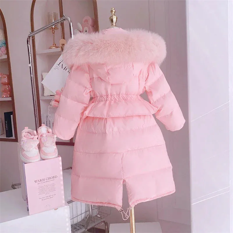 Winter Girls Sweet Long Down Jackets Hooded Big Fur Collar Kids Parkas Children Clothes Girls Windproof Thicken Warm Coats