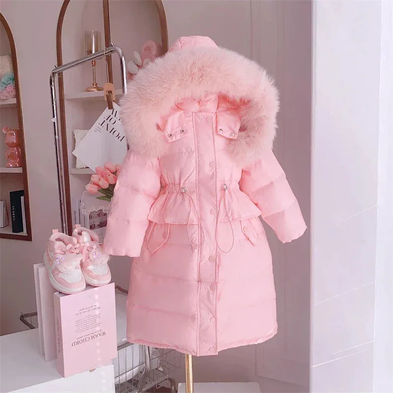 Winter Girls Sweet Long Down Jackets Hooded Big Fur Collar Kids Parkas Children Clothes Girls Windproof Thicken Warm Coats