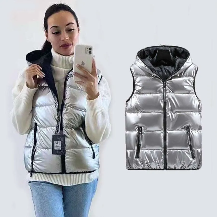 Winter Vests Women's Hooded Short Bright Color Sleeveless Vest