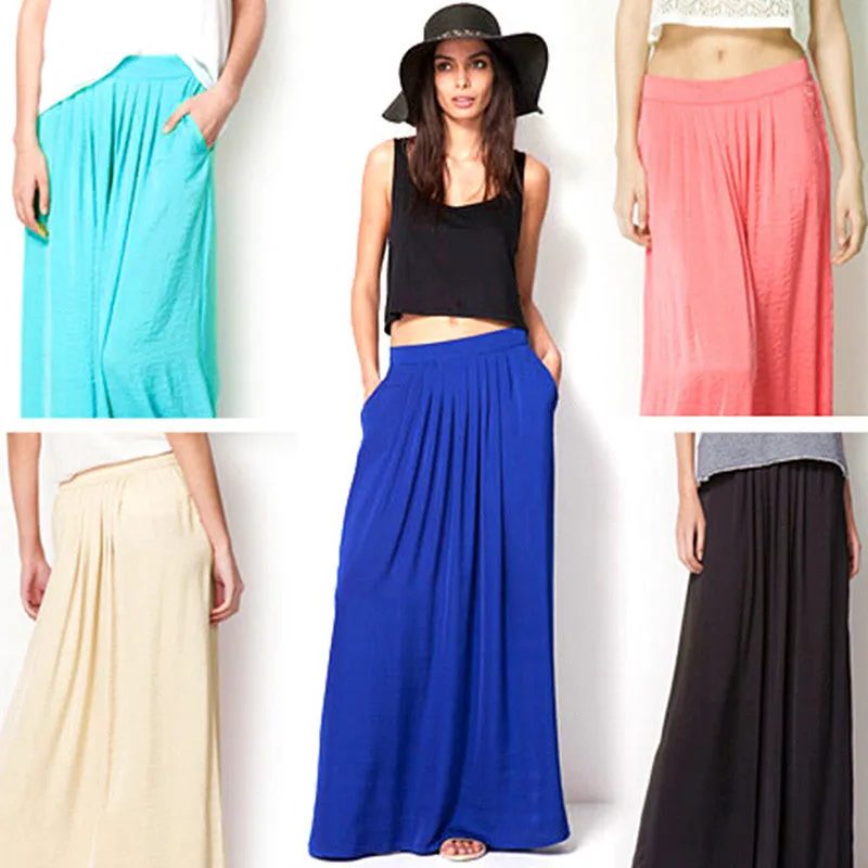 Woman Satin Long Skirt Elastic Waist Floor-Length Maxi Skirts Female Plus Size Ladies Bohemia Pleated saia skirts For Women