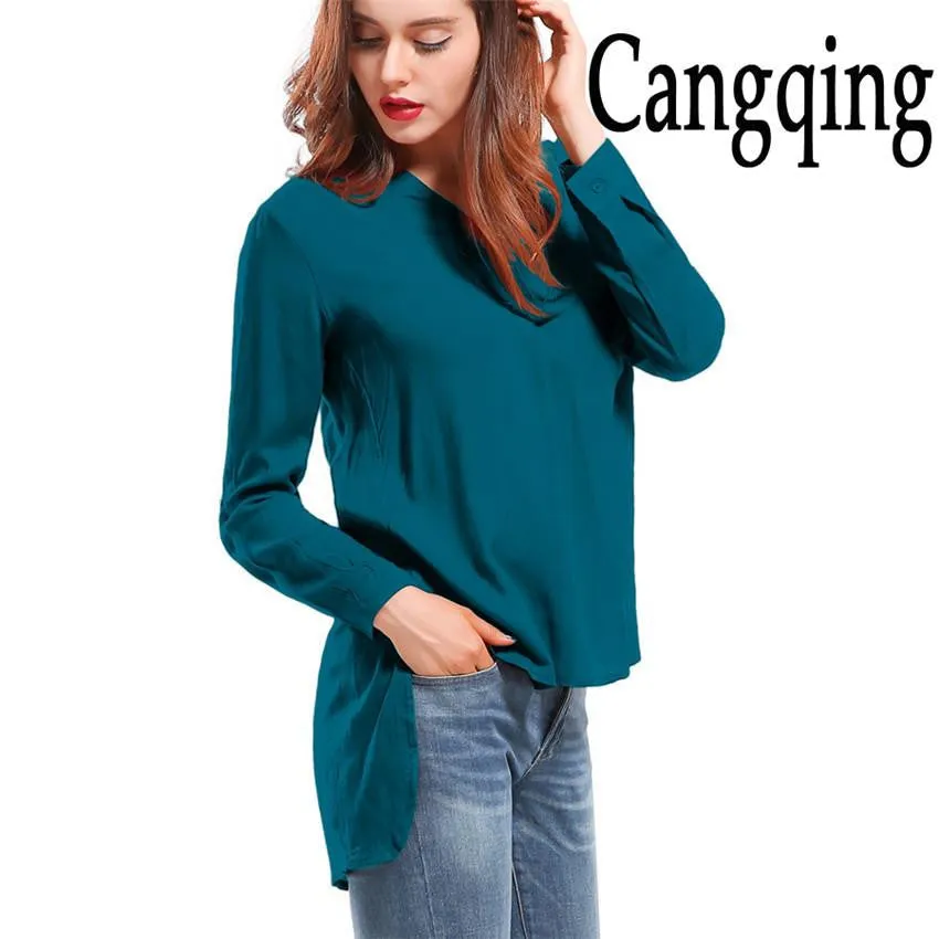 Women Blouses Long sleeve Shirts Solid V-neck Cotton Vintage Shirt Wild Casual Streetwear Loose Tops Women Plus Size Blouse