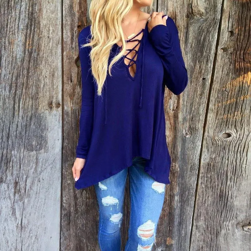 Women Long Sleeve Casual Blouses V Neck Asymmetric Hooded Blouse Plus Size Tops