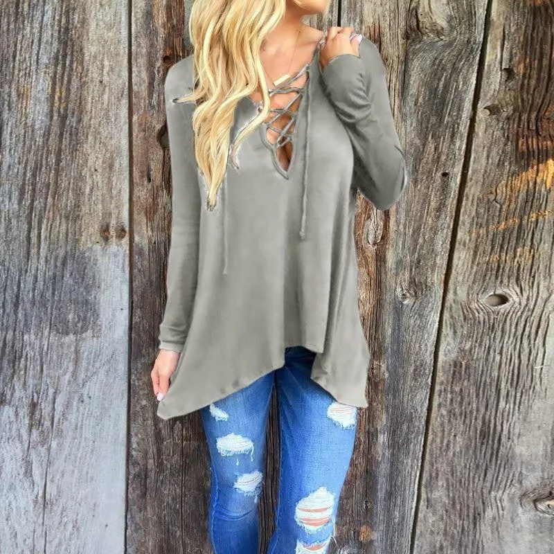 Women Long Sleeve Casual Blouses V Neck Asymmetric Hooded Blouse Plus Size Tops
