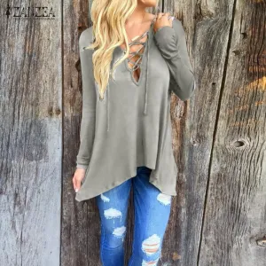 Women Long Sleeve Casual Blouses V Neck Asymmetric Hooded Blouse Plus Size Tops