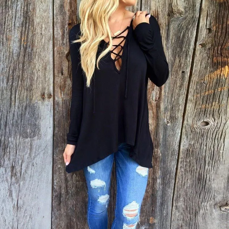Women Long Sleeve Casual Blouses V Neck Asymmetric Hooded Blouse Plus Size Tops