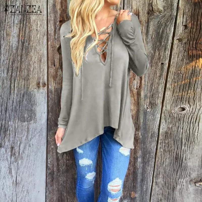 Women Long Sleeve Casual Blouses V Neck Asymmetric Hooded Blouse Plus Size Tops
